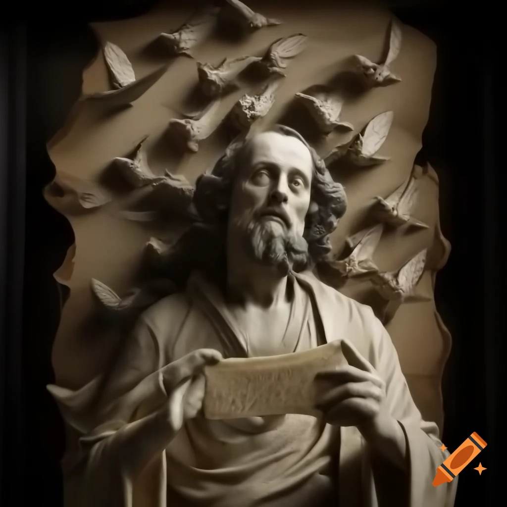 Statue of Schopenhauer transforming into birds made of parchment, earth tones