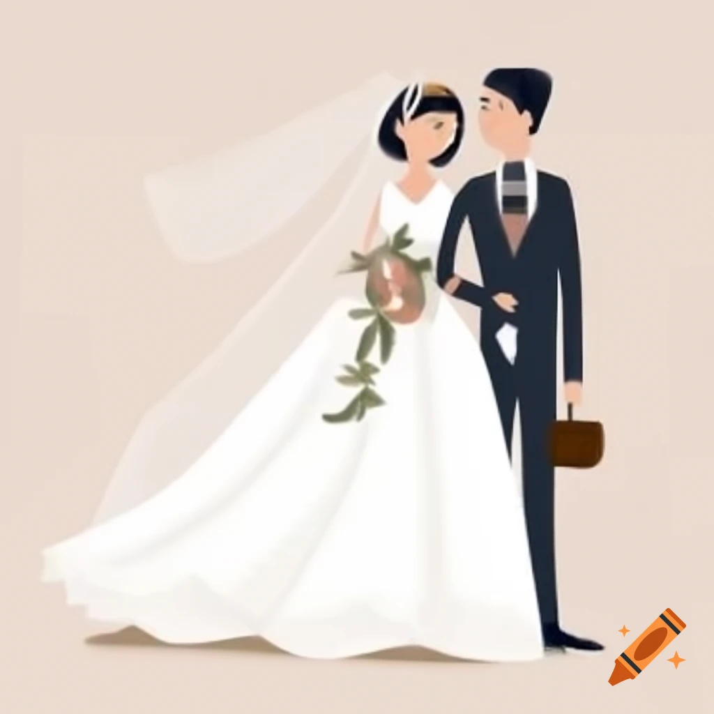 Charming cartoon illustration of fair-haired bride and dark-haired groom
