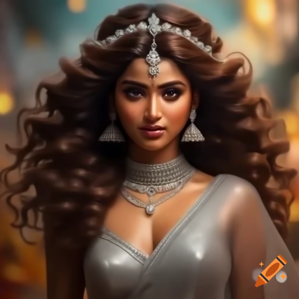 Elegant woman with voluminous brown curls catching light