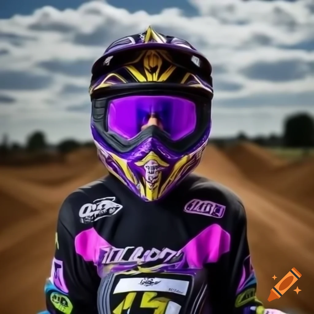 Young motocross rider wearing purple and gold helmet on dirt track