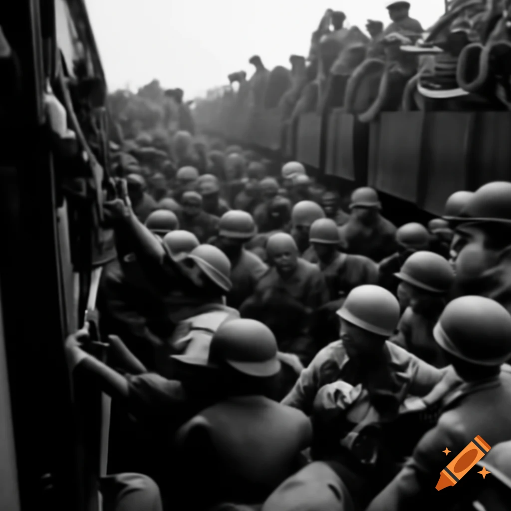 Crowd of soldiers struggling to board overcrowded train