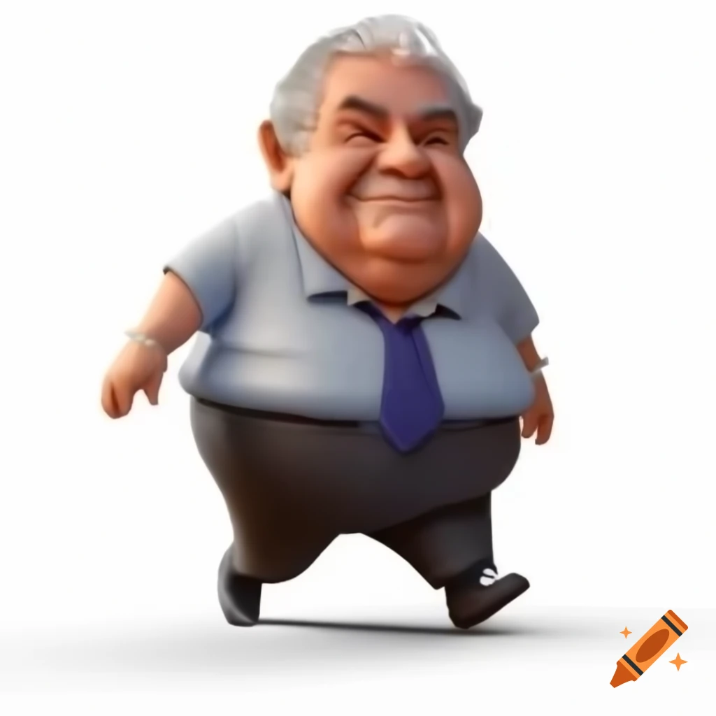 Chubby former president Jose Mujica in guayabera from side perspective, chibi 3D render