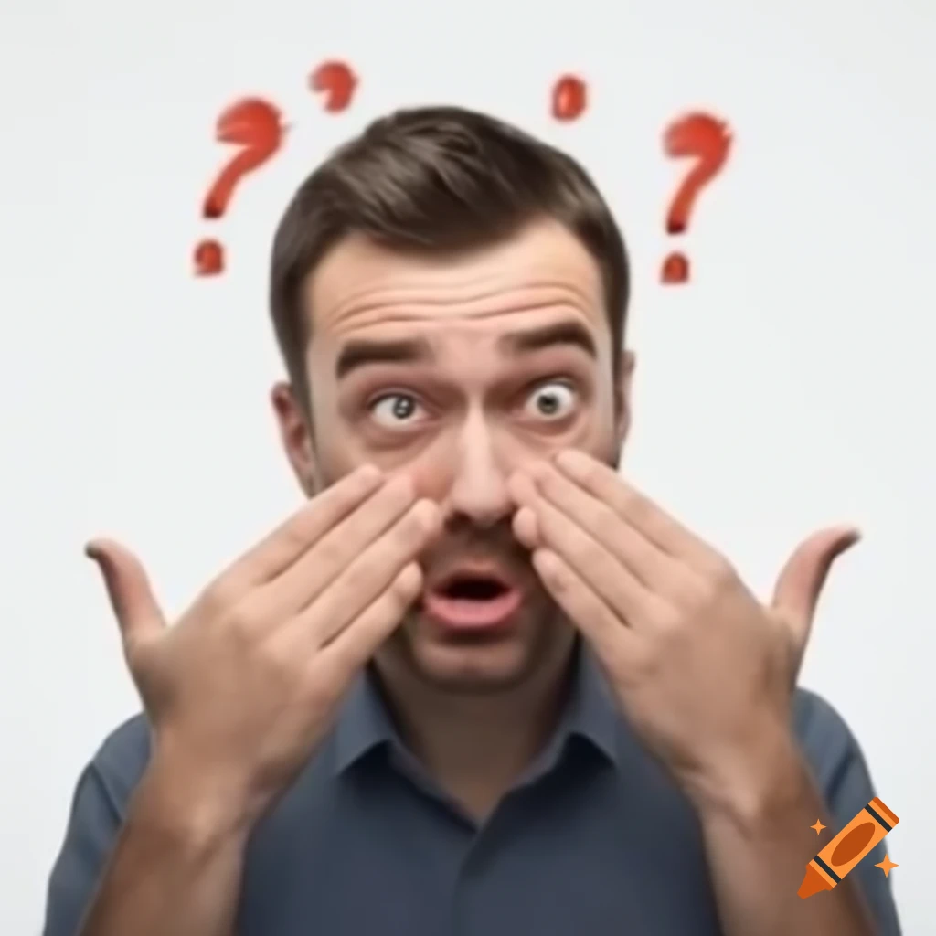 Man with puzzled expression stroking chin, looking upward, white background