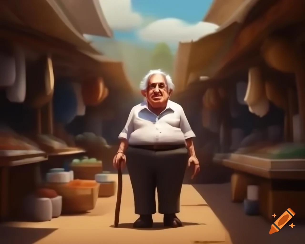Chubby former president Jose Mujica in guayabera at open-air market, chibi 3D render