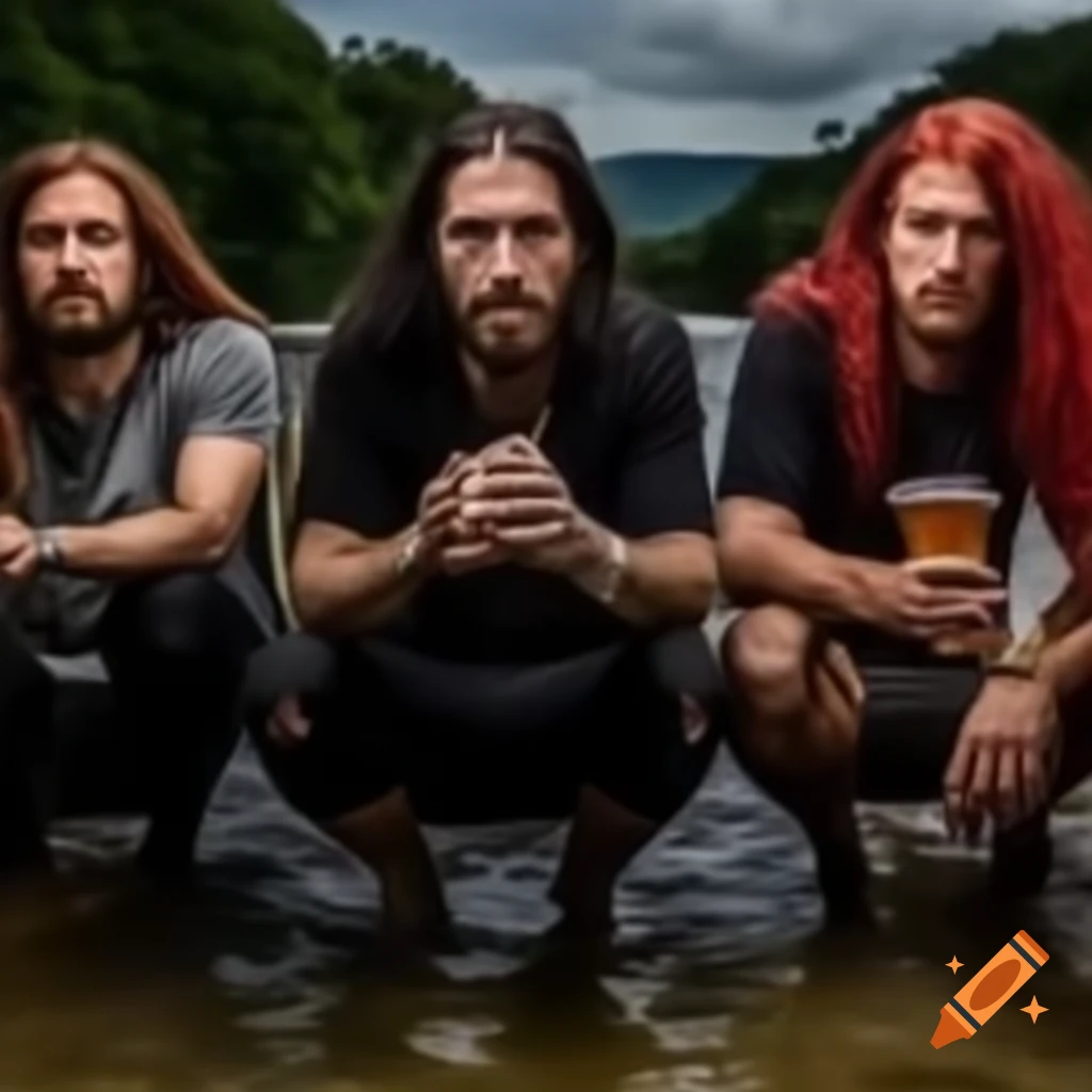 Two men with dark hair and one red-haired man sitting on chairs drinking beer by the river