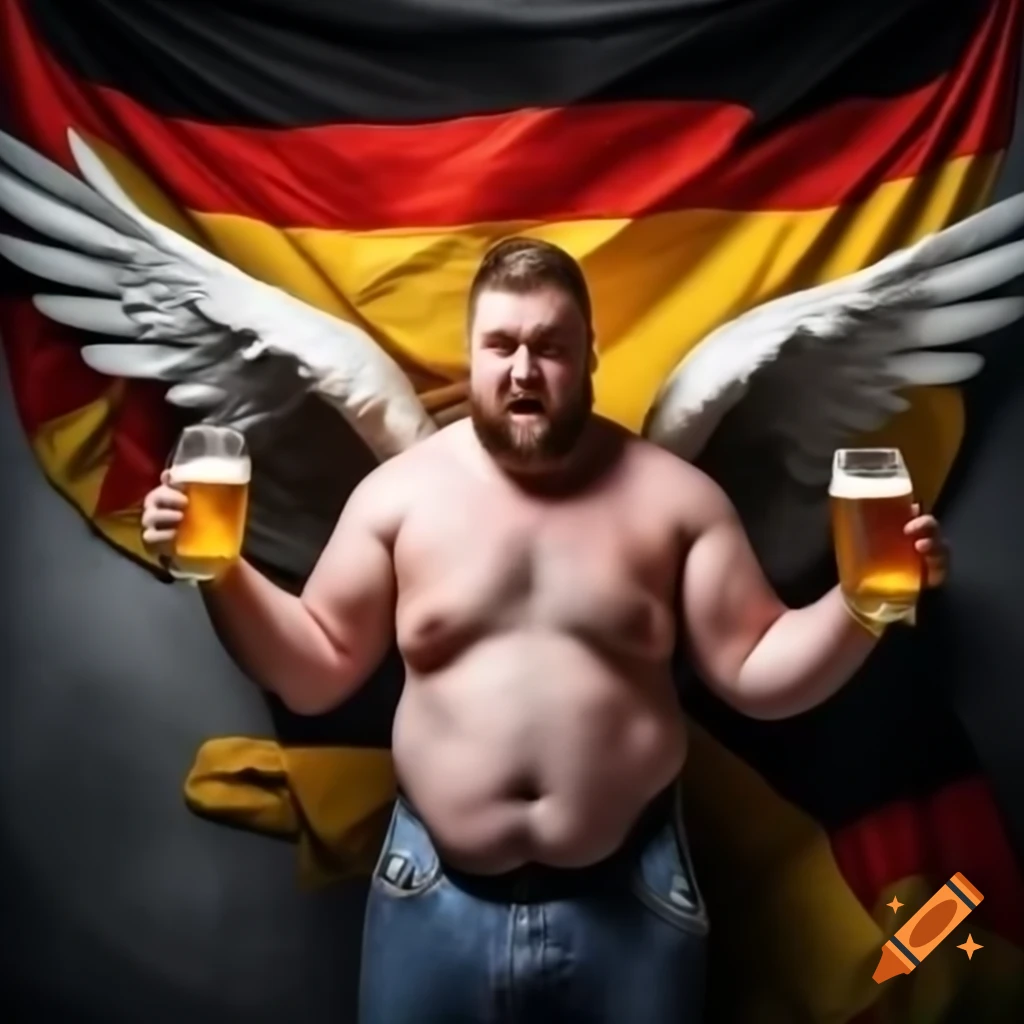 Chubby, muscular German angel with wings colored like the German flag holding beers