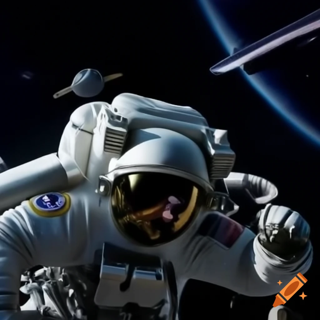 The U.S. Space Force text with universe and astronaut flying in modern spacecraft
