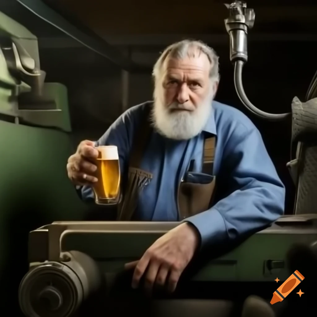 Russian turner operating lathe while holding a glass of beer