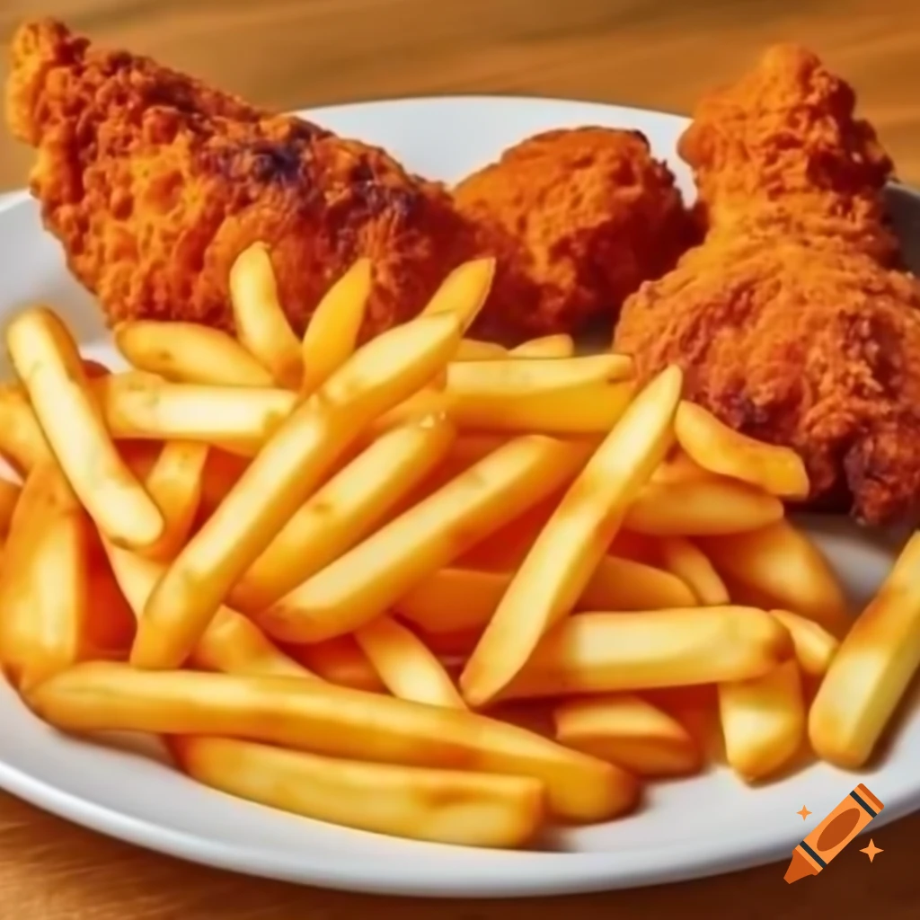 Plate of french fries, fried chicken, and sausages