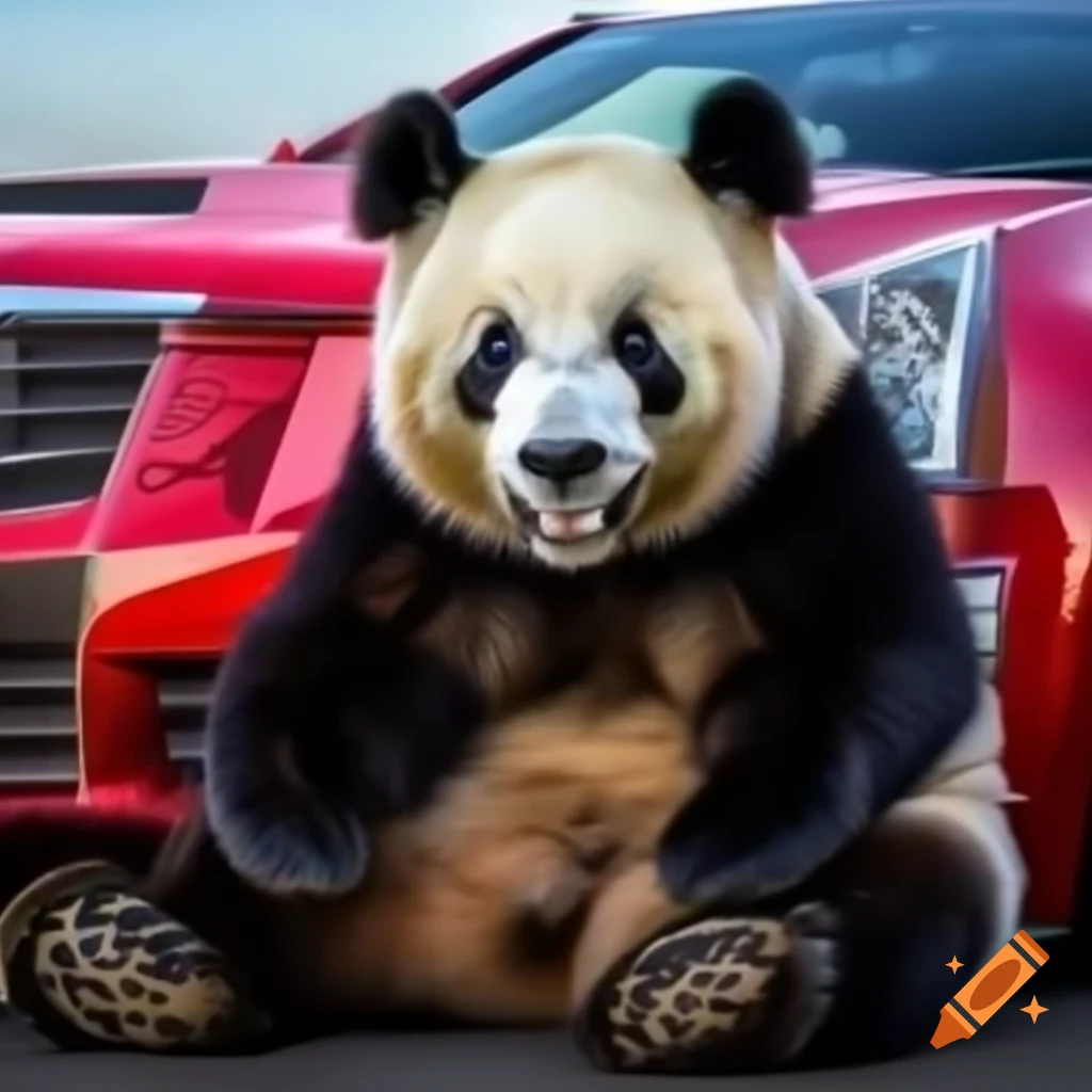 Fluffy panda sitting on a red Cadillac CTS