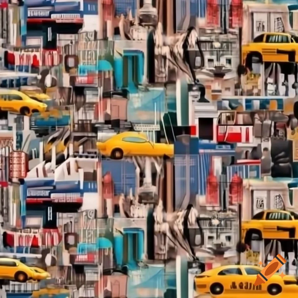 Vibrant collage of New York City landmarks including Statue of Liberty and Empire State Building