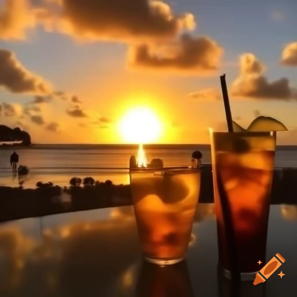 Caribbean sunset with tropical drinks