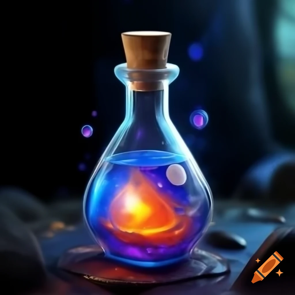 Fantasy bottle containing blue and orange potion