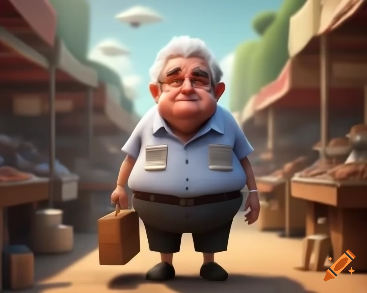 Chibi 3D render of former president Jose Mujica walking in open-air market