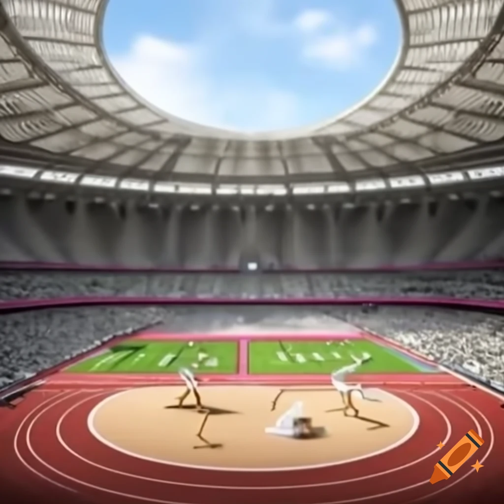 Realistic Olympic scene featuring 100m and long jump gold medals with athletes and sand pit