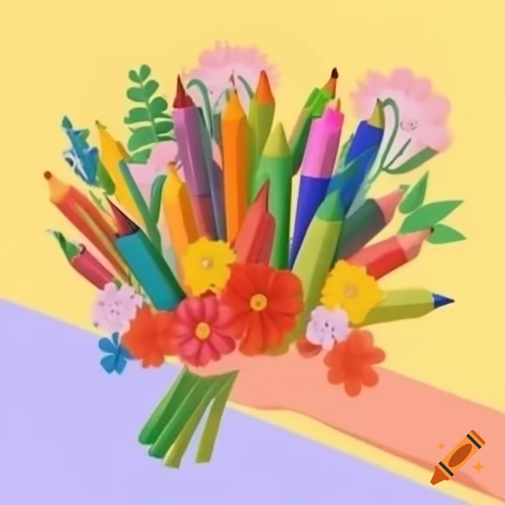 Bouquet of flowers with colorful crayons