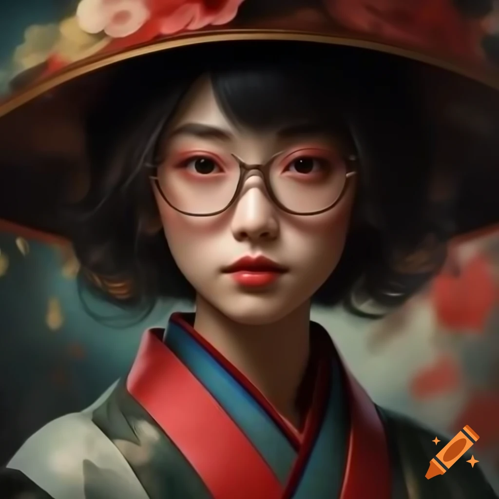Realistic digital portrait of charming Japanese woman with eyeglasses