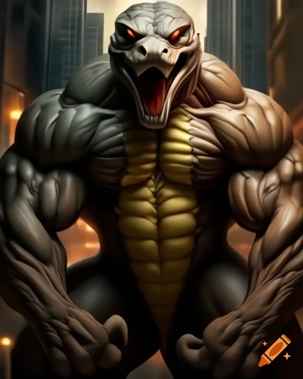 Giant muscular anthro python striking bodybuilding pose over miniature city