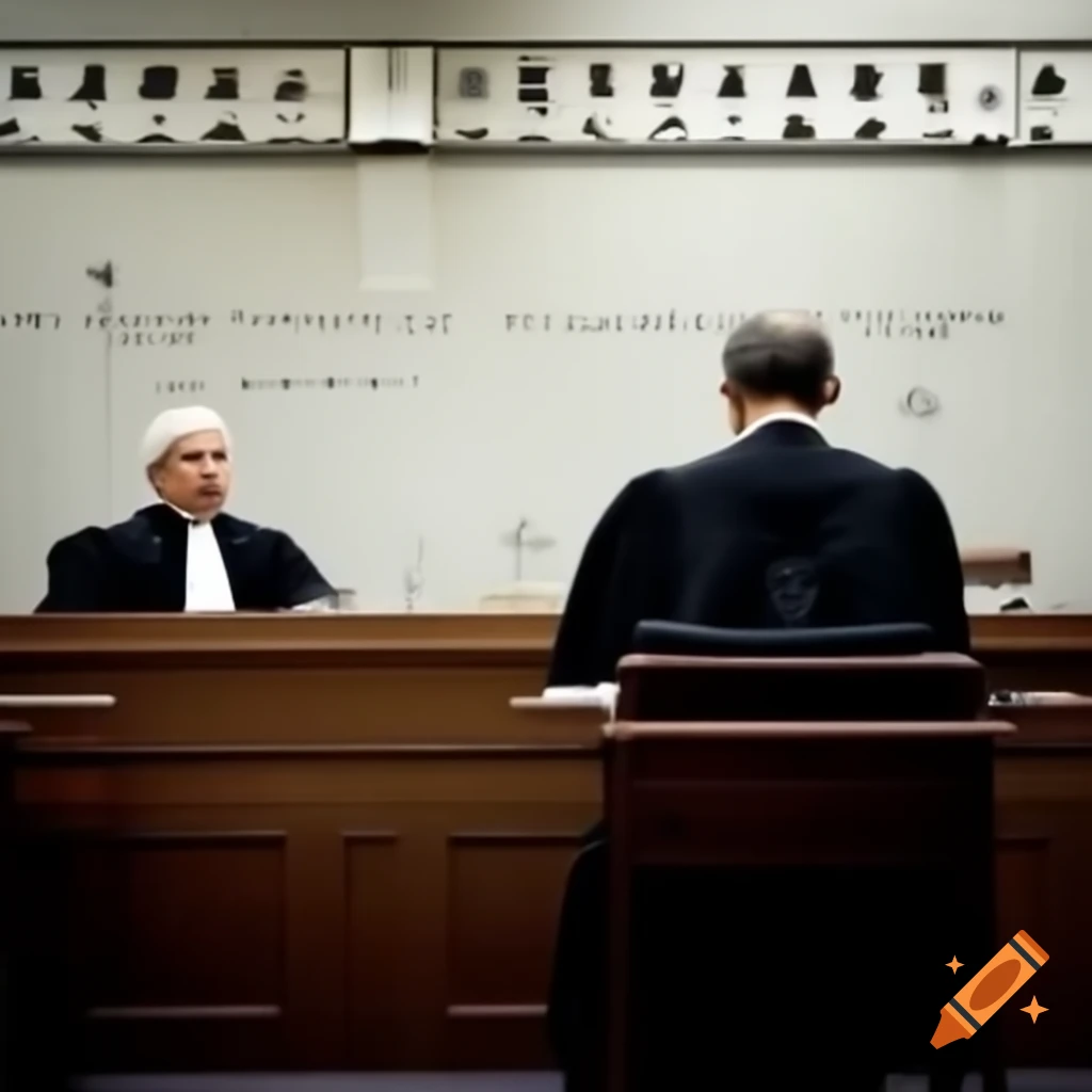 Lawyer standing in front of judge with nameplate on wall