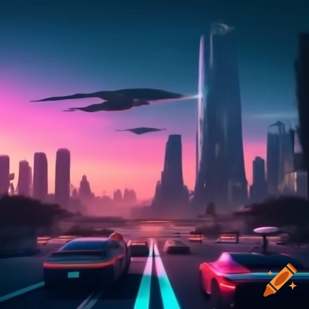 Futuristic city skyline at sunset with flying cars and neon lights on ...
