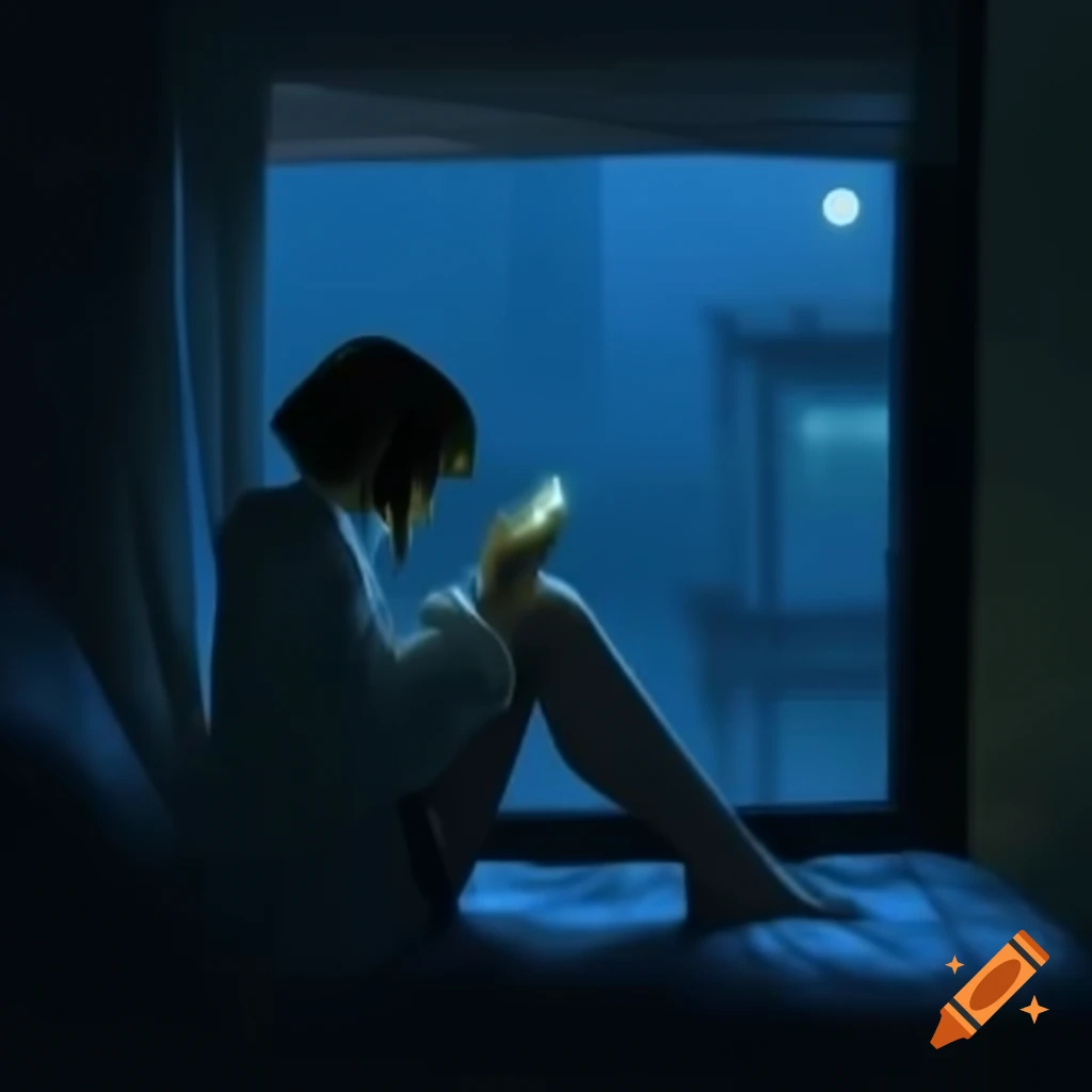 Young woman sitting alone in dimly lit apartment, rain visible through window