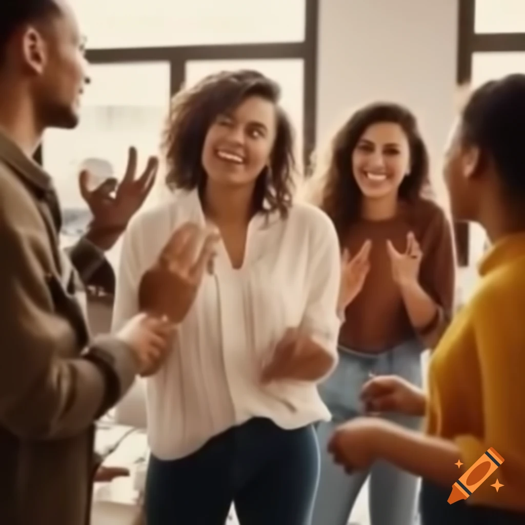 Shy woman accepting compliment from enthusiastic friends