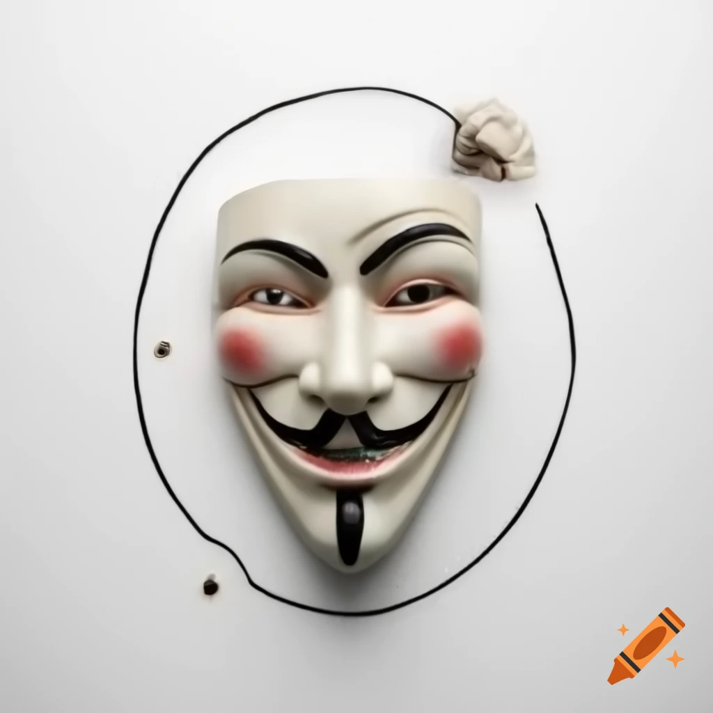 Old theatre mask with black lines on white background, surrounded by roots in a circle