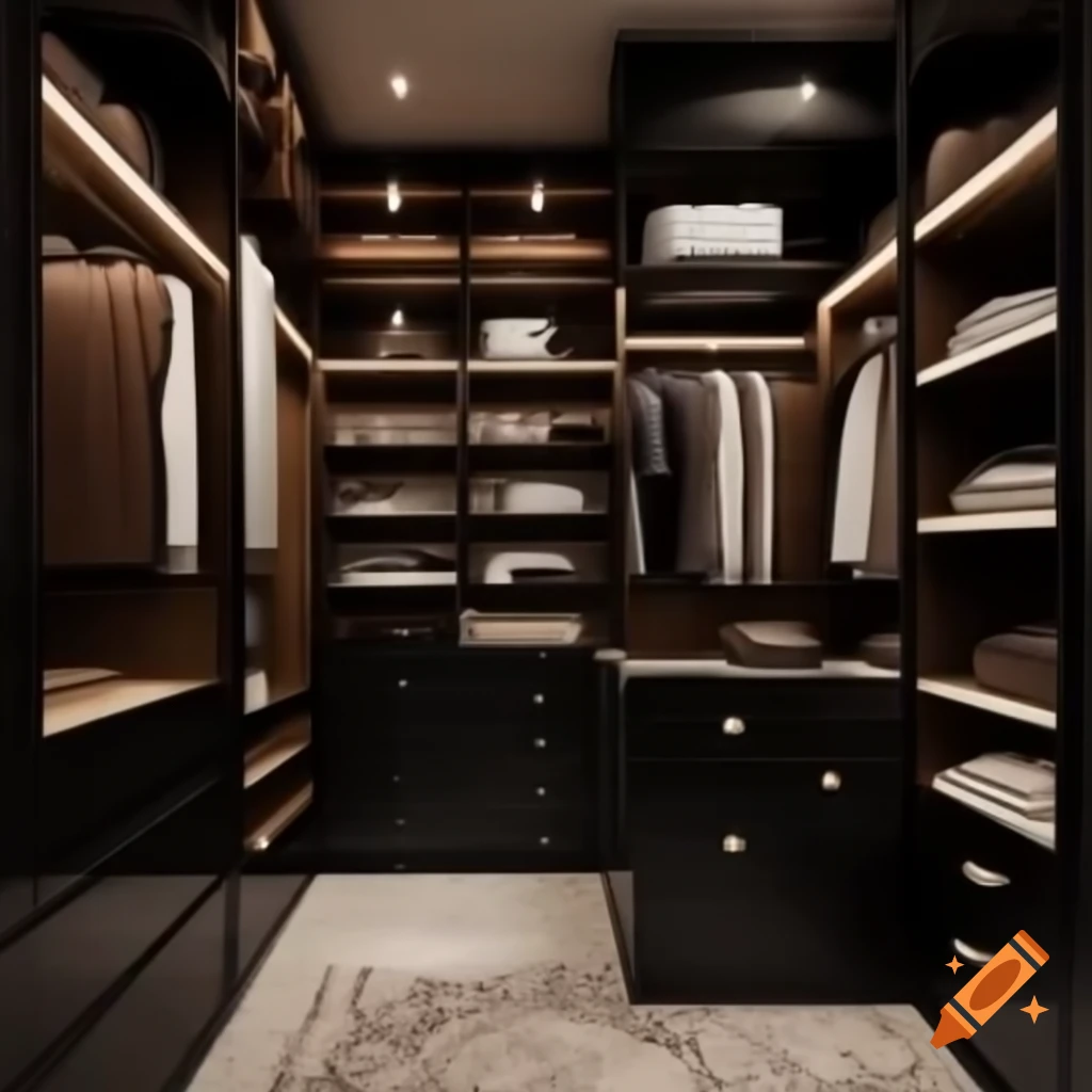 Stylish walk-in closet with dark brown cabinets and glass panels on Craiyon