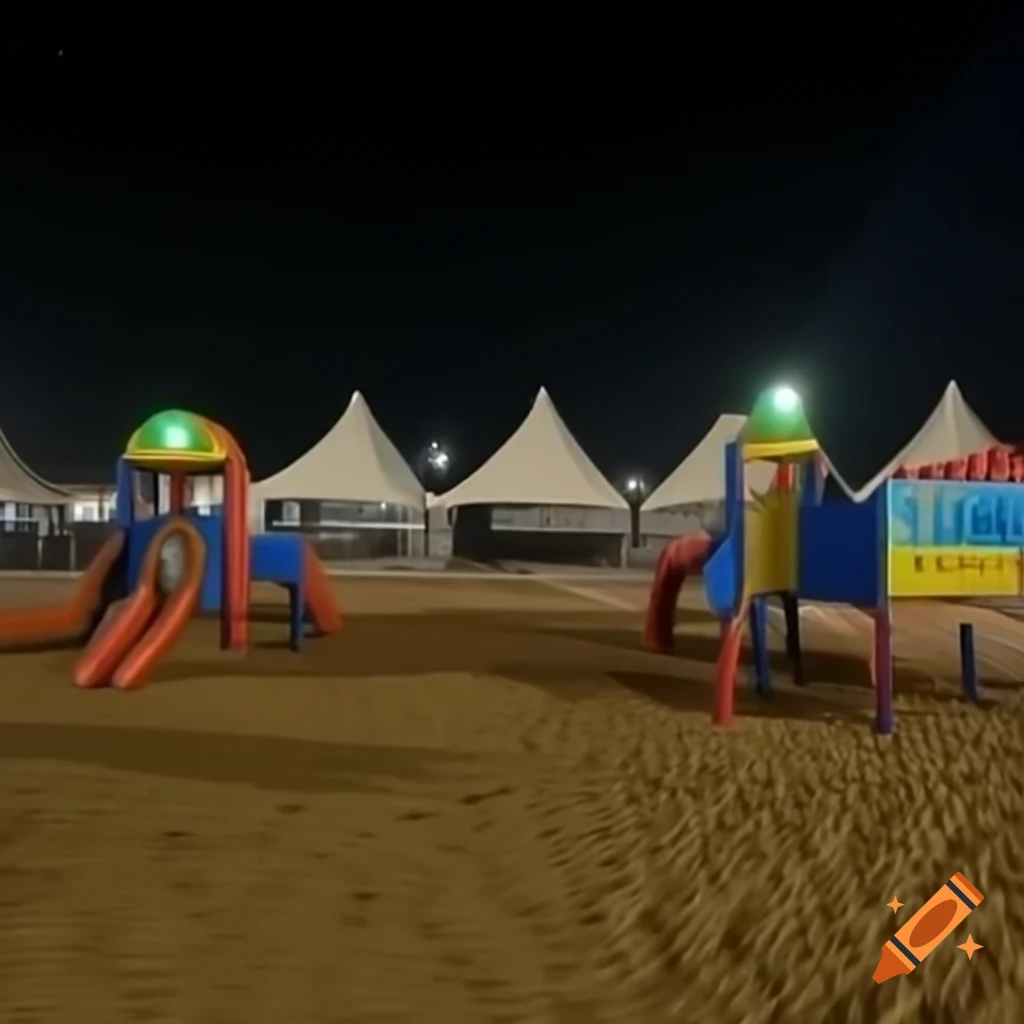 Children's playground in Laayoune, Mauritania with desert-inspired theme featuring swings, slides, and inflatable bouncy game