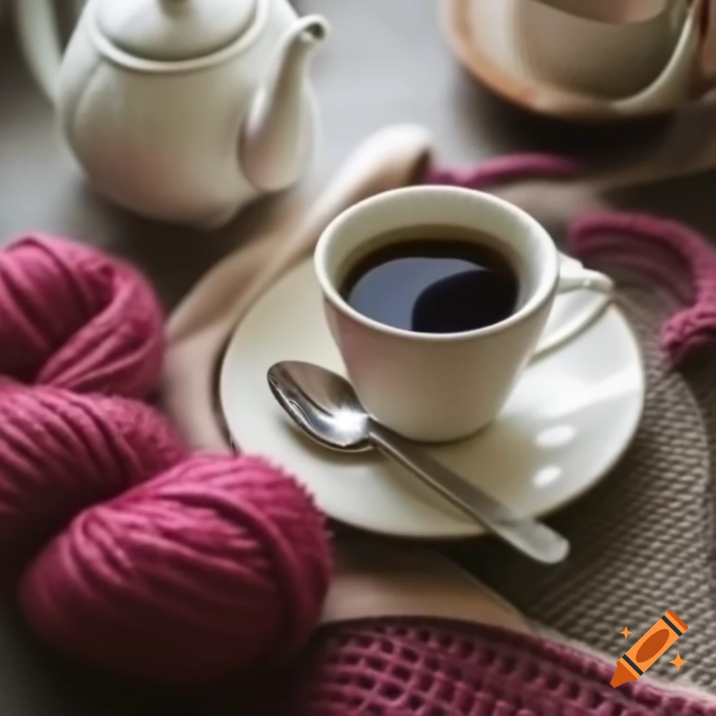 Afternoon tea and coffee accompanied by colorful knitting yarn
