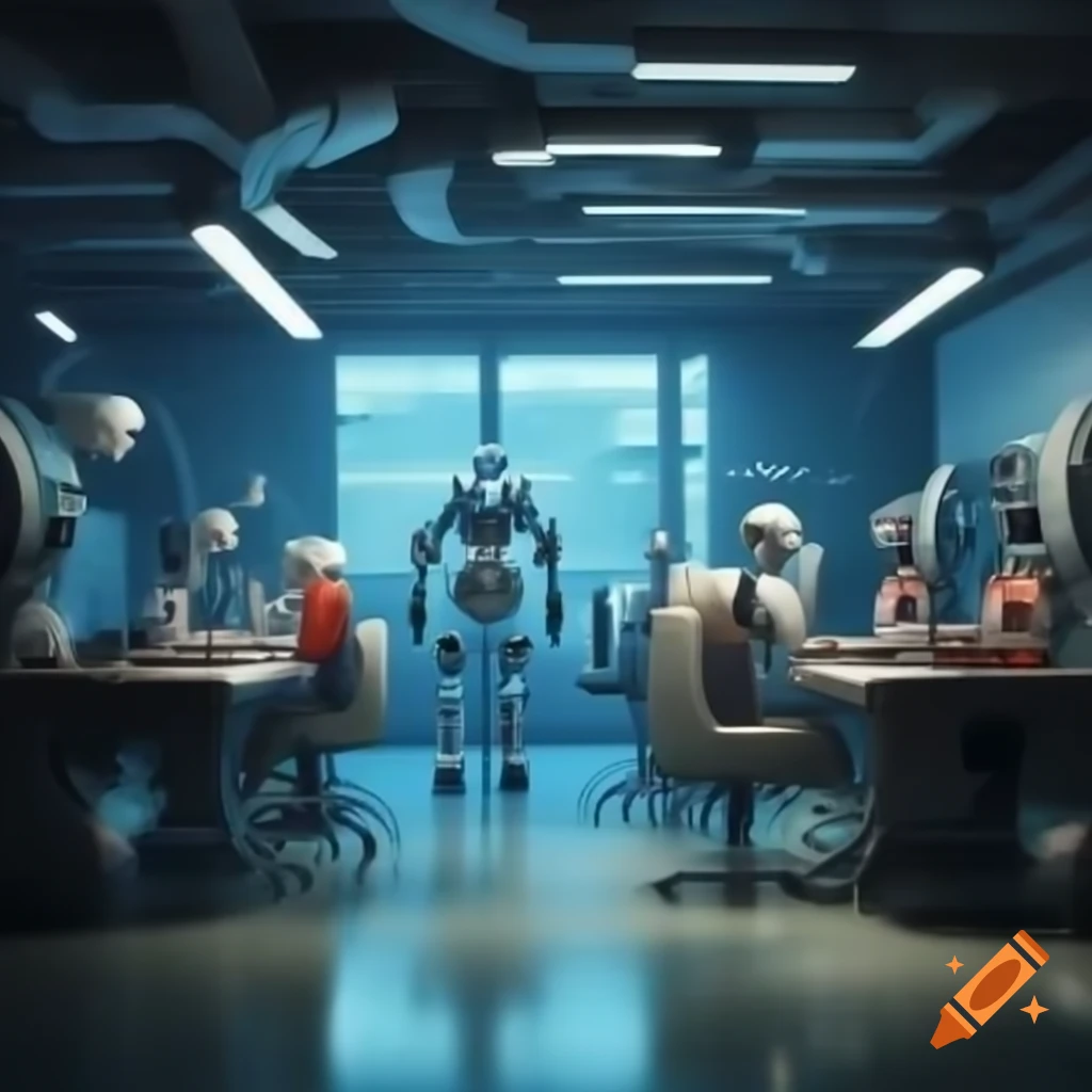 Futuristic rehab clinic with AI robots and human therapists working with patients, bright colors