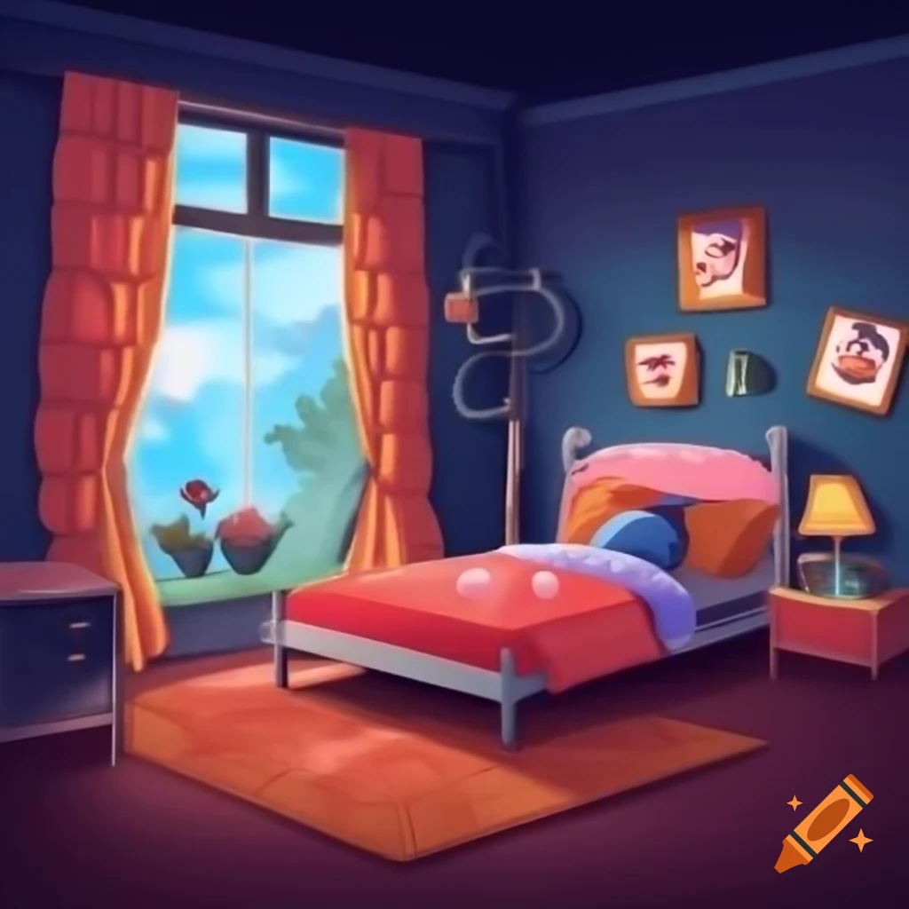 Cozy cartoon-style bedroom for a couple with heart-patterned blanket