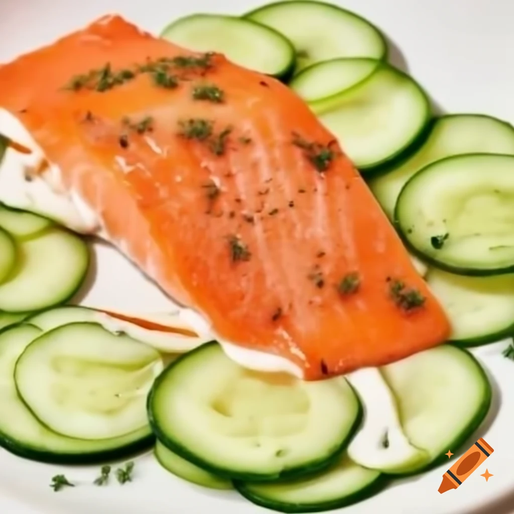 Smoked salmon slices with cream cheese and cucumber garnished with dill