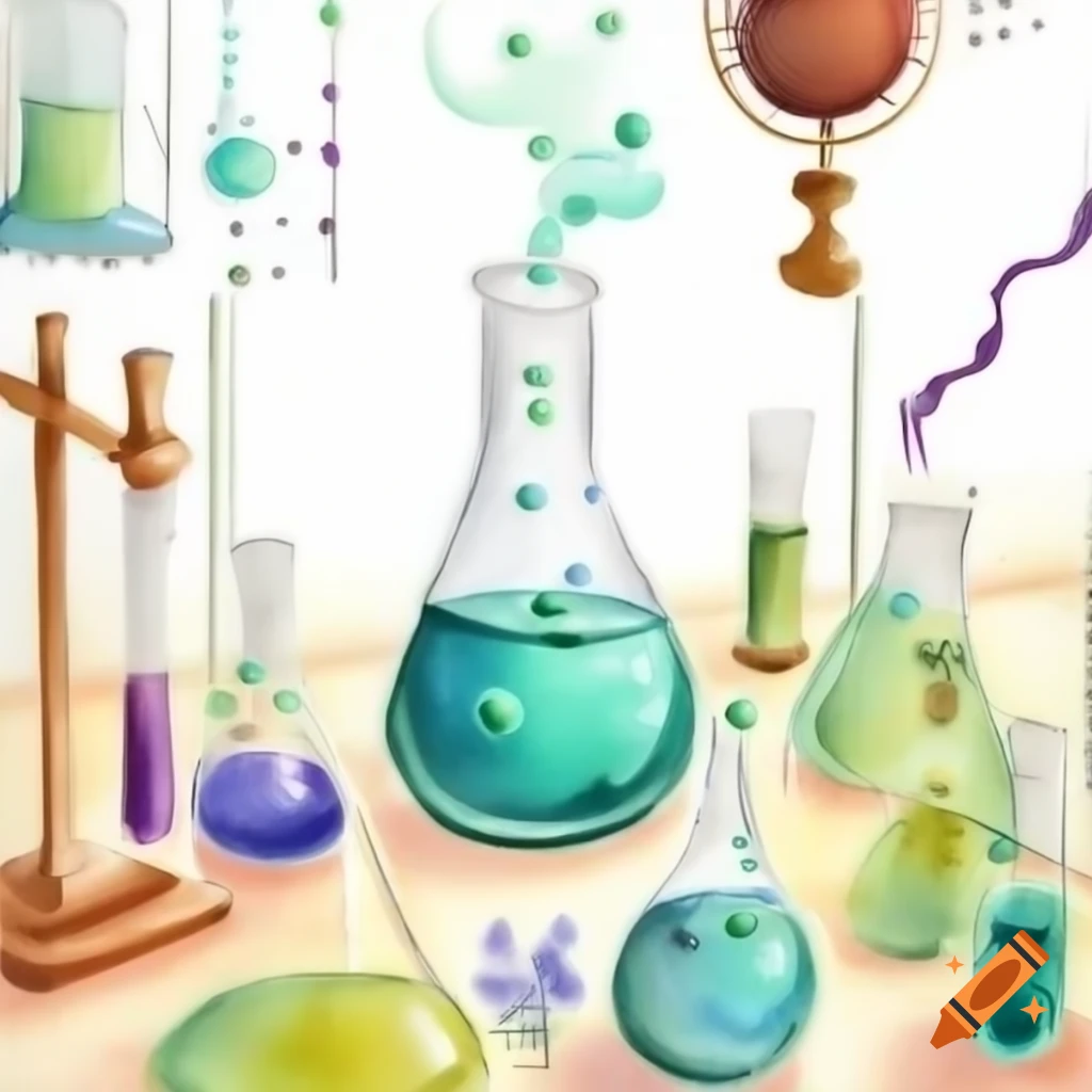 Chemistry-inspired watercolor illustration of Erlenmeyer flask with ...