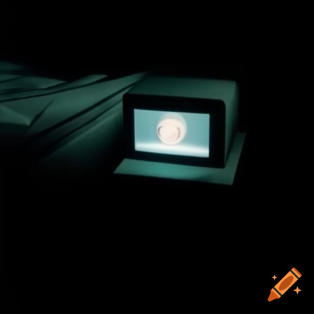 Close-up of baby monitor displaying empty crib in night vision
