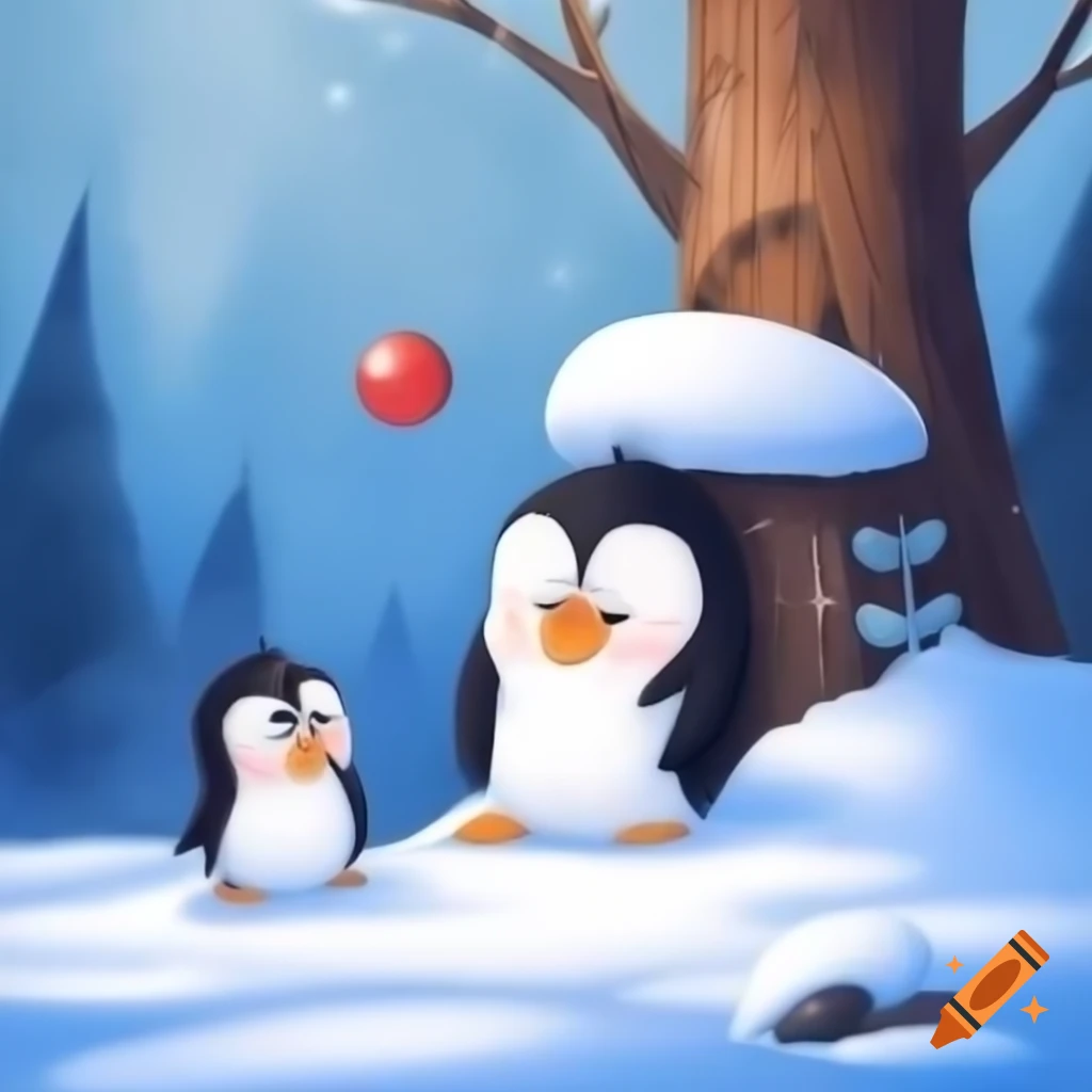 Baby penguin searching for red ball in snowy yard