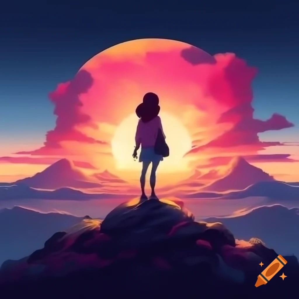 Woman standing alone on mountain at sunset in colorful 3D illustration