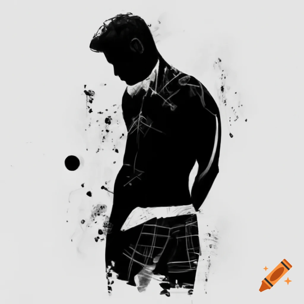 Silhouette of a handsome man in black ink drawing on white background