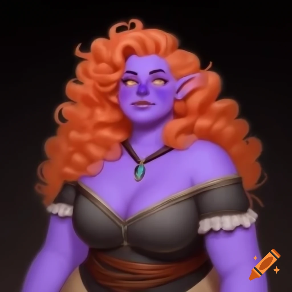 Fantasy tiefling girl with purple skin and curly salmon peach hair in D&D setting