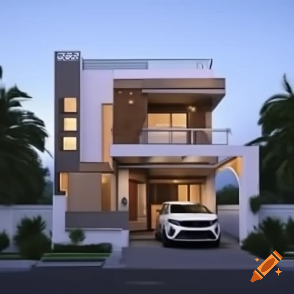 Modern three-story house with column structure and two Indian SUVs parked