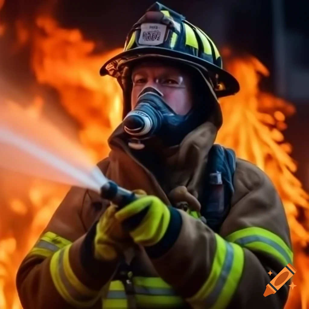 Firefighter in protective gear extinguishing a fire