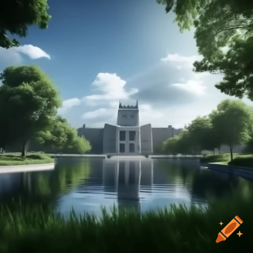 Digital render of a university with sunlight, green foliage, and water