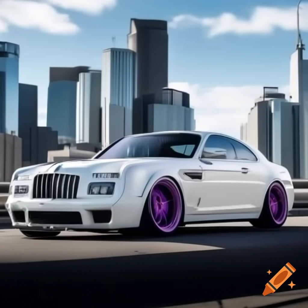 Luxury white car with purple rims on skyscraper rooftop