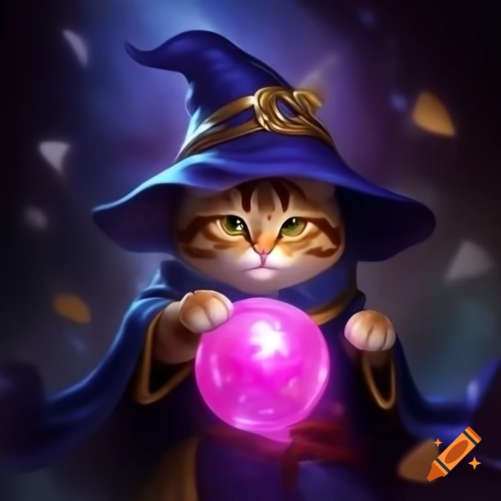 Magical cat in wizard hat and cloak holding glowing pink orb in enchanting fantasy setting