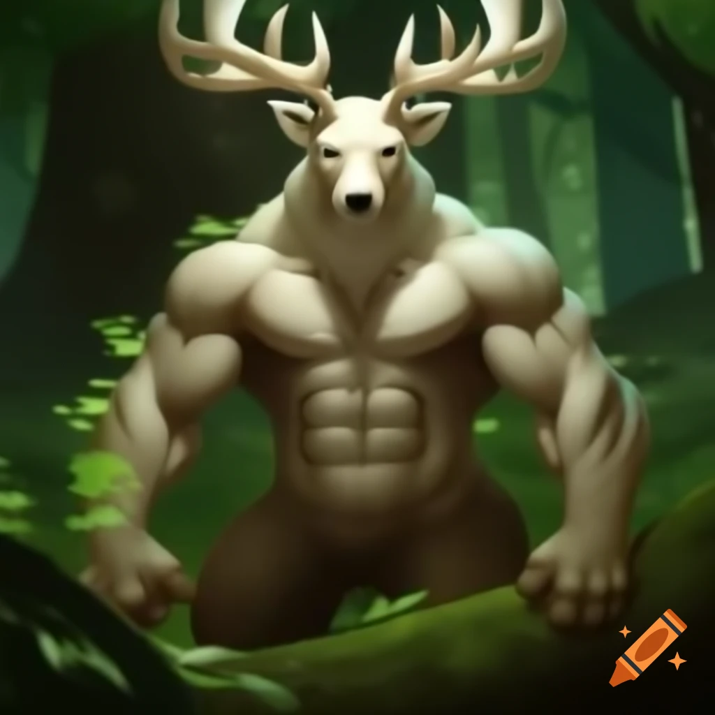 Anthro deer transforming into a giant in a magical forest