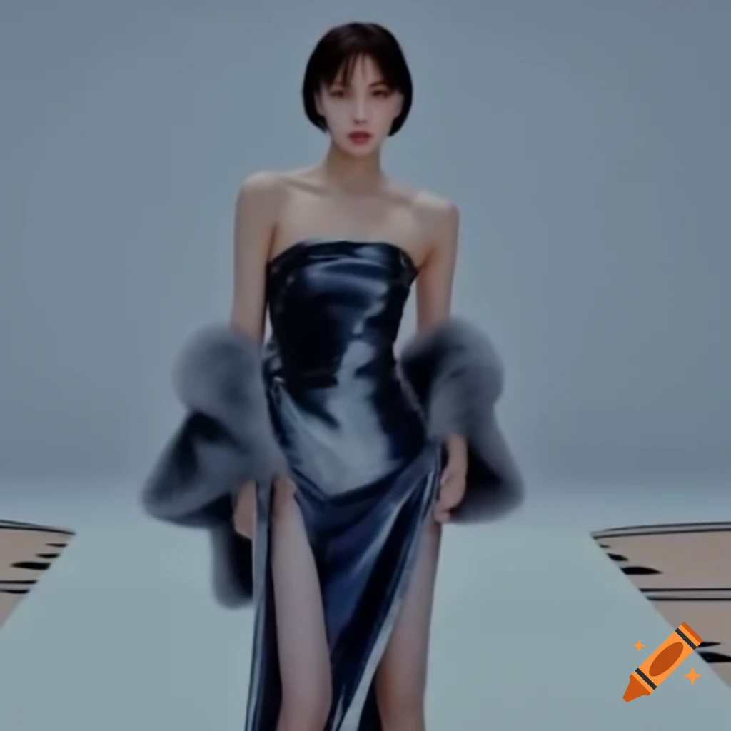 Eunha from GFRIEND on minimalistic runway in dark silver dress and fur cape