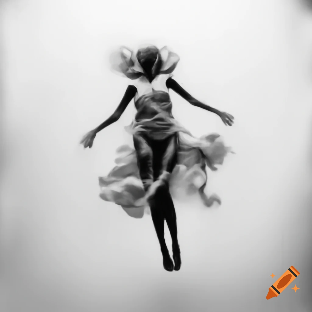 Silk fabric floating around woman's silhouette in black ink sketch