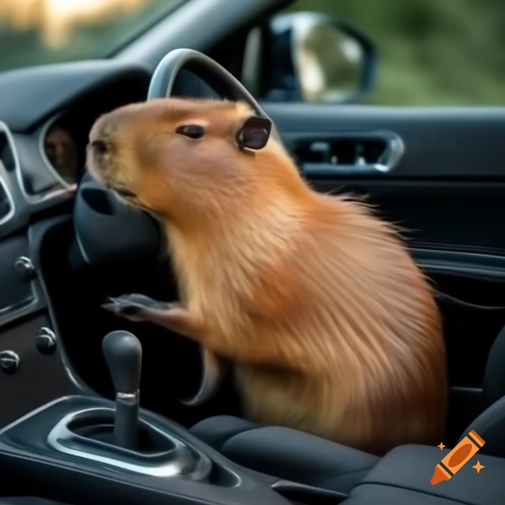 Capybara driving a car in a whimsical scene