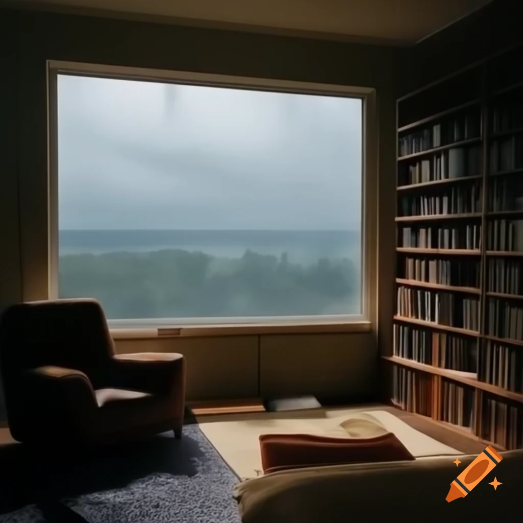 Cozy room with panoramic window, armchair, empty table, and bookcase during rain