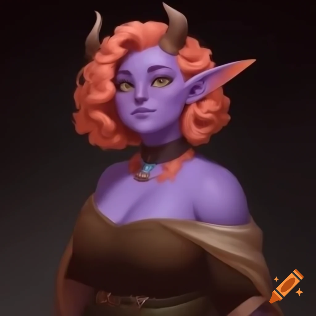 Fantasy Tiefling character with horns, purple skin, and curly salmon peach hair in D&D style